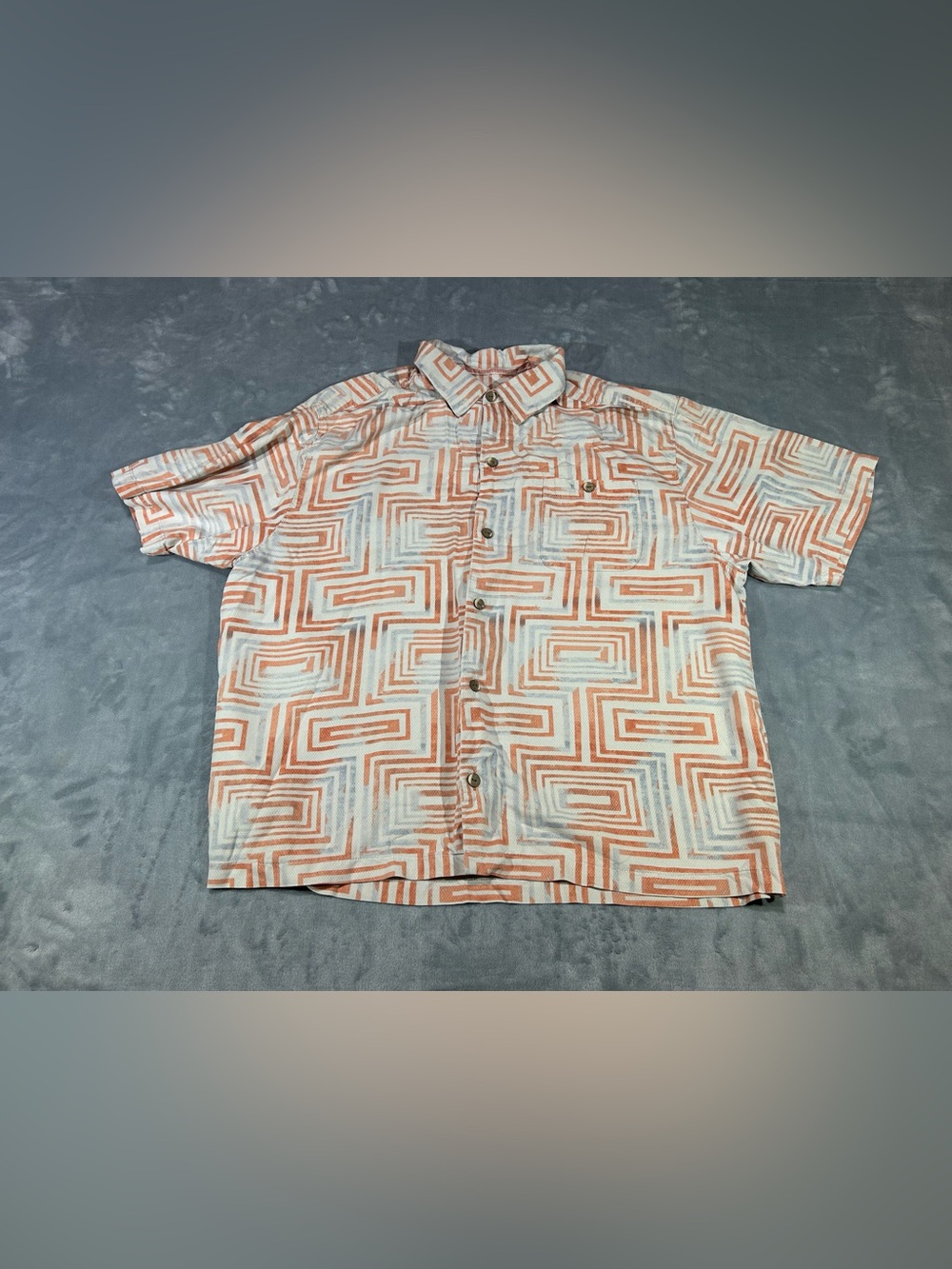 Tommy Bahama Button Up Shirt Mens XL Orange/gray Aztec Print Short Sleeve Silk